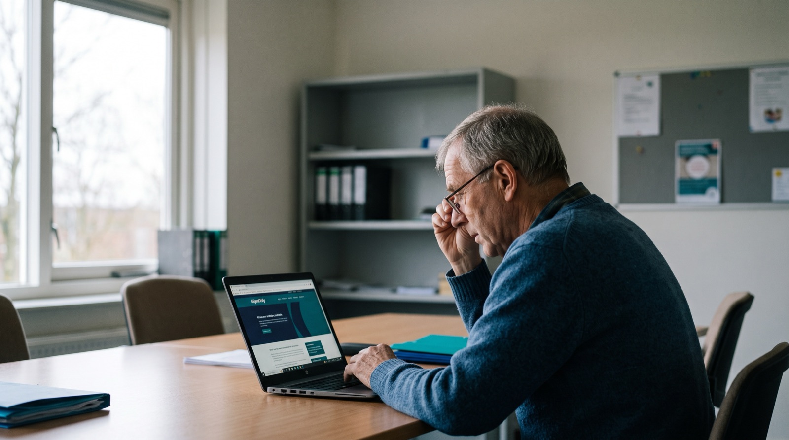 Een penningmeester bekijkt de website van 4EyesOnly op zijn laptop aan een vergadertafel bij het raam