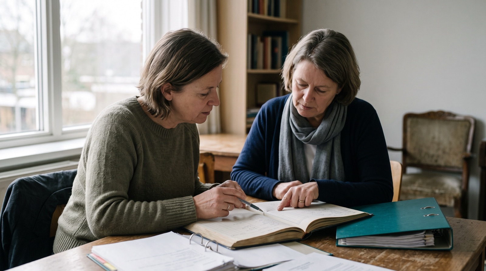 Twee bestuursleden nemen samen een boekhoudregister door aan een tafel, allebei met een hand op dezelfde bladzijde