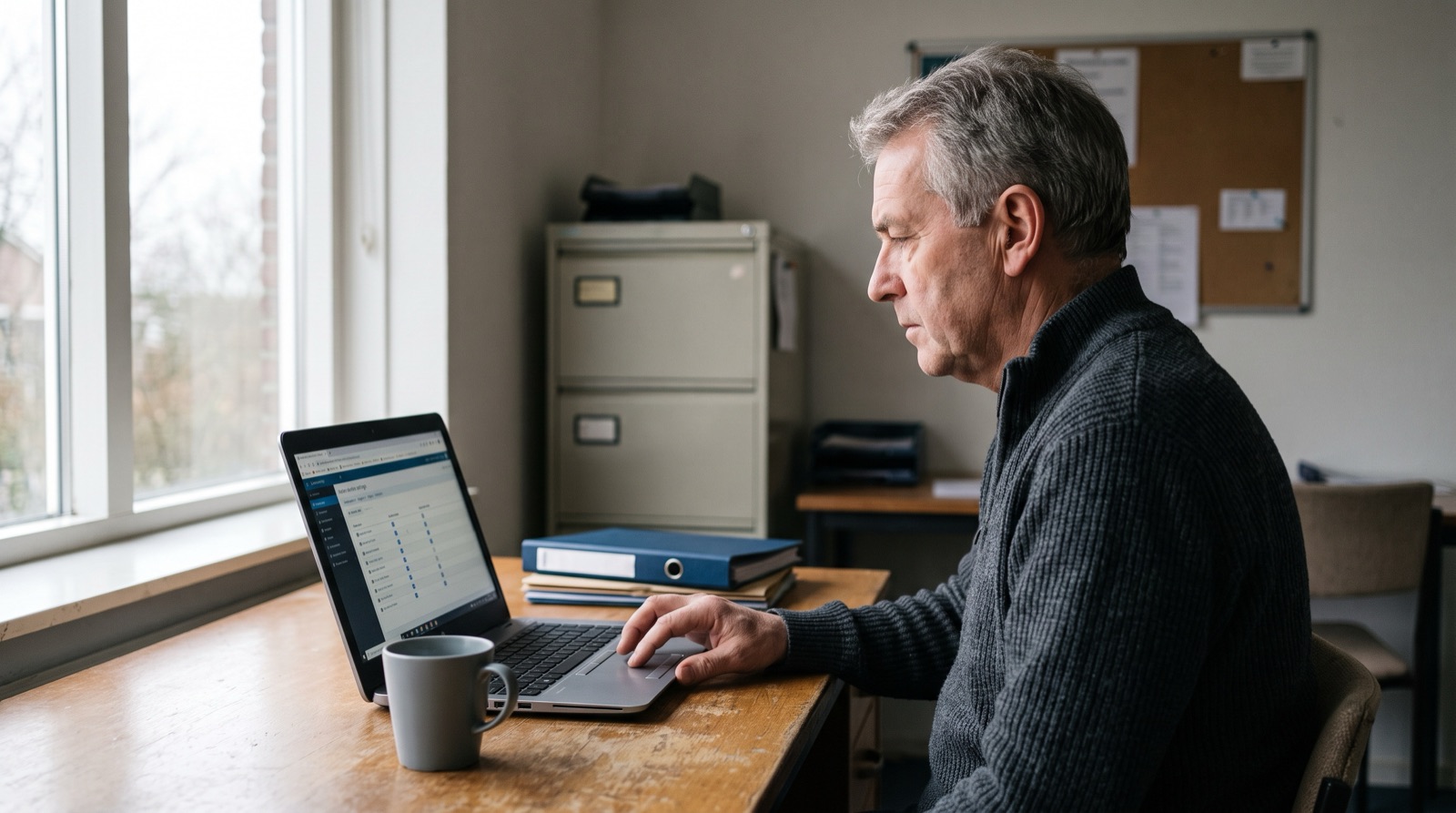 Een bestuurslid bekijkt op zijn laptop een overzicht met gebruikersrechten, met ordners en een archiefkast ernaast