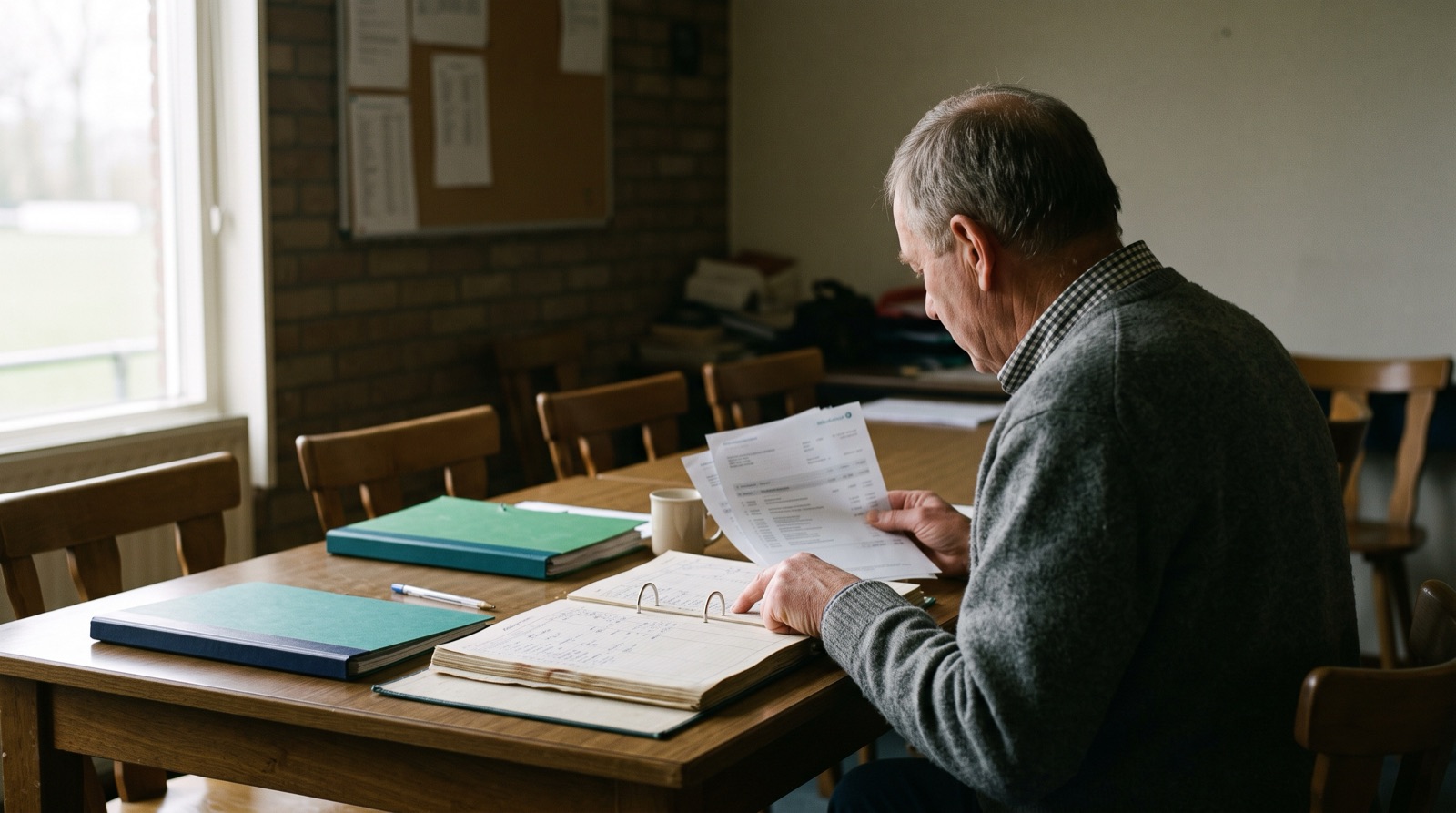 Een kascommissielid legt in een verenigingszaal bankafschriften naast het opengeslagen grootboek