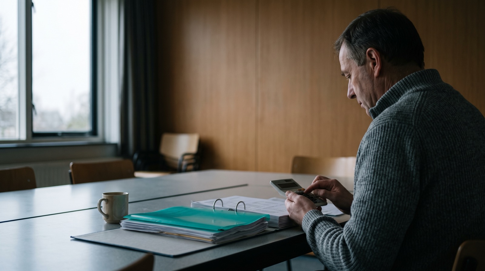 Een kascommissielid rekent met een rekenmachine een stapel geselecteerde stukken na in een vergaderzaal