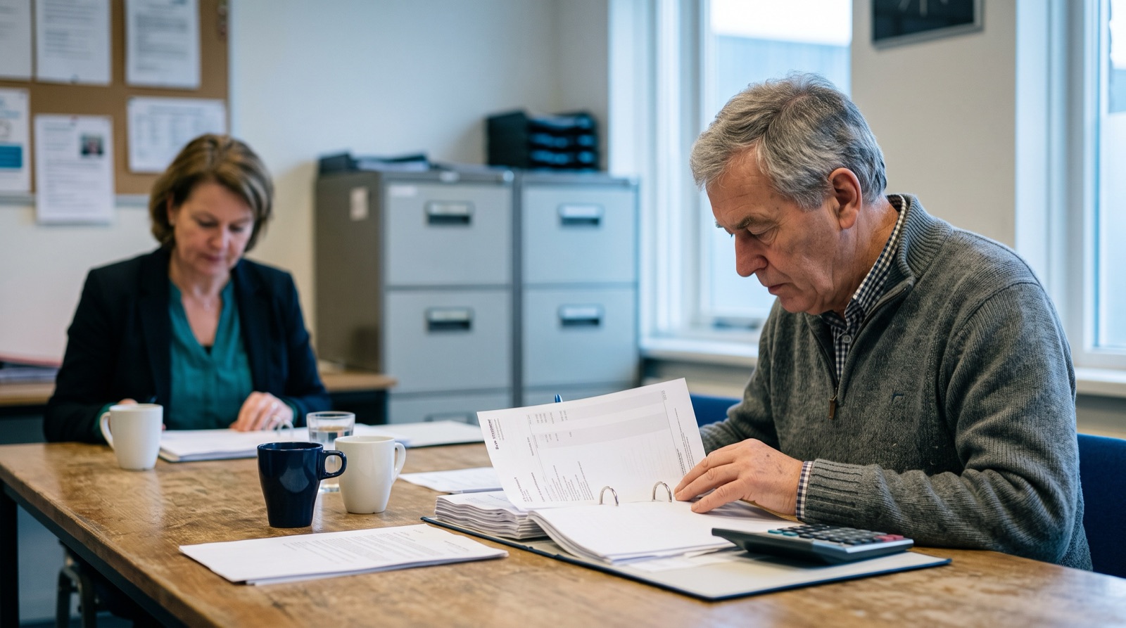 Twee mensen werken aan een tafel de jaarcijfers na, met een ordner, losse overzichten en een rekenmachine