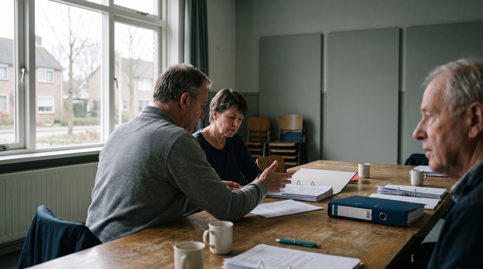 Drie bestuursleden bespreken aan de bestuurstafel de stukken over aansprakelijkheid en verzekering